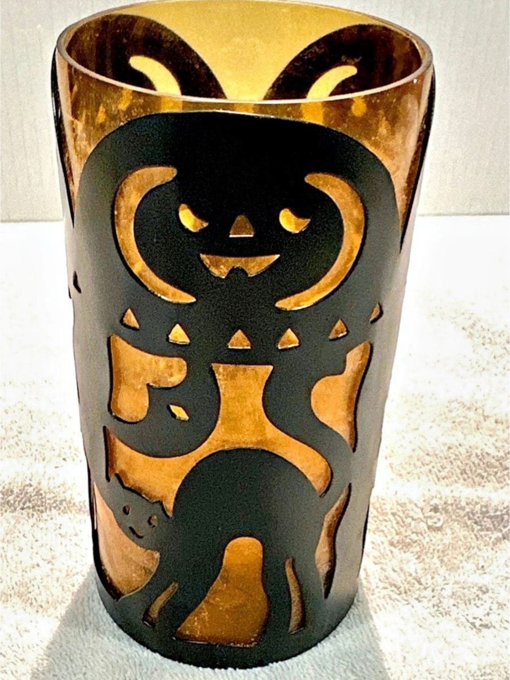 Vintage CATS & pumpkin Metal black Cylinder Halloween Decor Black & Gold Tealigh